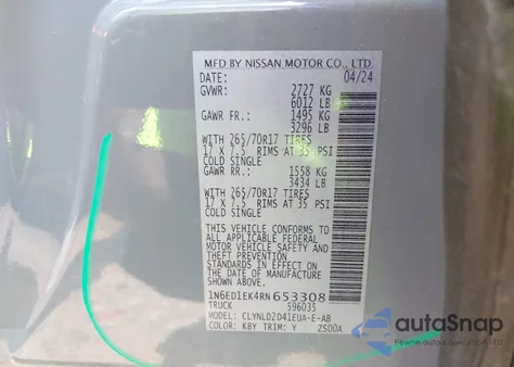 2024 Nissan Frontier Pro-4X 4X4 z USA, uszkodzony, nr VIN 1N6ED1EK4RN653308